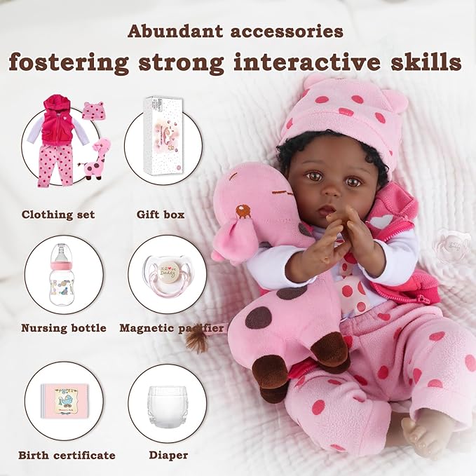 WOOROY Reborn Baby Dolls, 22'' African American Realistic Weighted Toddler Doll with Black Curly Hair and Open Eyes, Cloth Body, Lifelike Real Baby Doll Gift with Accessories Set, Vinyl, Age 3+