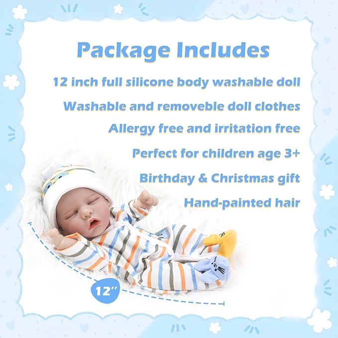 12'' WOOROY Reborn Realistic Baby Doll Lucas with Full Vinyl Body, Birthday & Christmas Gift for Kids Age 3+