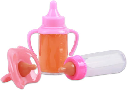 Baby Doll Accessories Set – 7 Pcs Feeding and Caring Set with Magic Disappearing Bottles, Pacifier, Diapers and Bibs Doll Pretend Play Gift for Kids