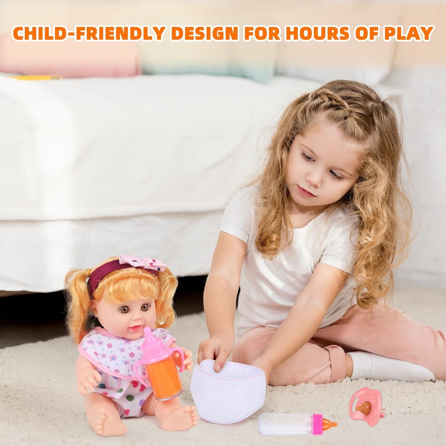 Baby Doll Accessories Set – 7 Pcs Feeding and Caring Set with Magic Disappearing Bottles, Pacifier, Diapers and Bibs Doll Pretend Play Gift for Kids