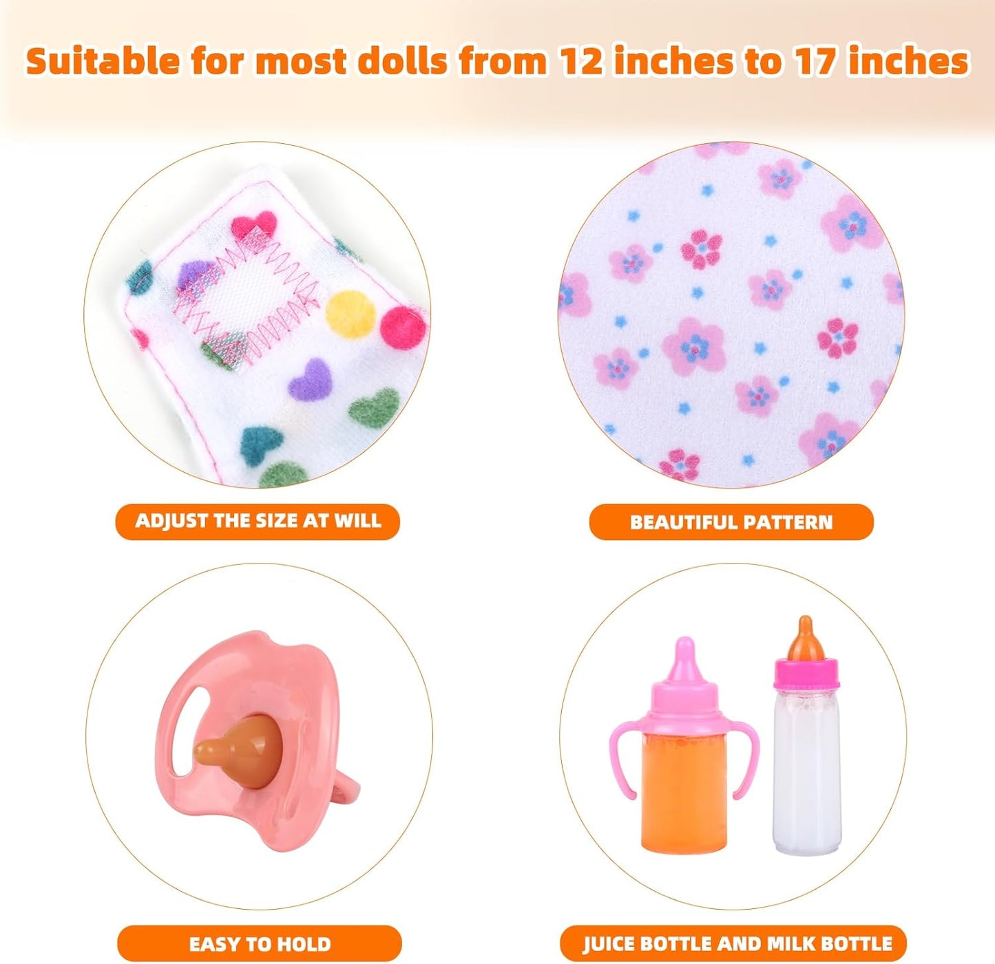 Baby Doll Accessories Set – 7 Pcs Feeding and Caring Set with Magic Disappearing Bottles, Pacifier, Diapers and Bibs Doll Pretend Play Gift for Kids