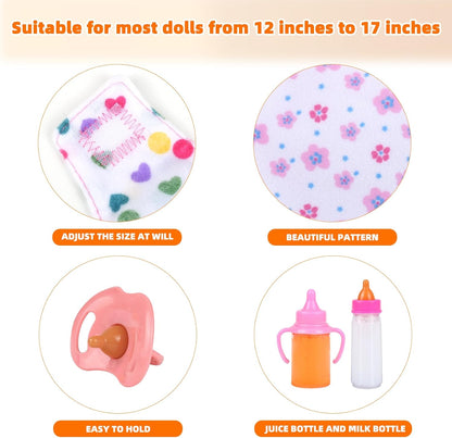Baby Doll Accessories Set – 7 Pcs Feeding and Caring Set with Magic Disappearing Bottles, Pacifier, Diapers and Bibs Doll Pretend Play Gift for Kids